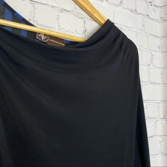 Adrienne Vittadini Black Blue Drape Front Mix Stripe Blouse Size Small - Picture 2 of 10